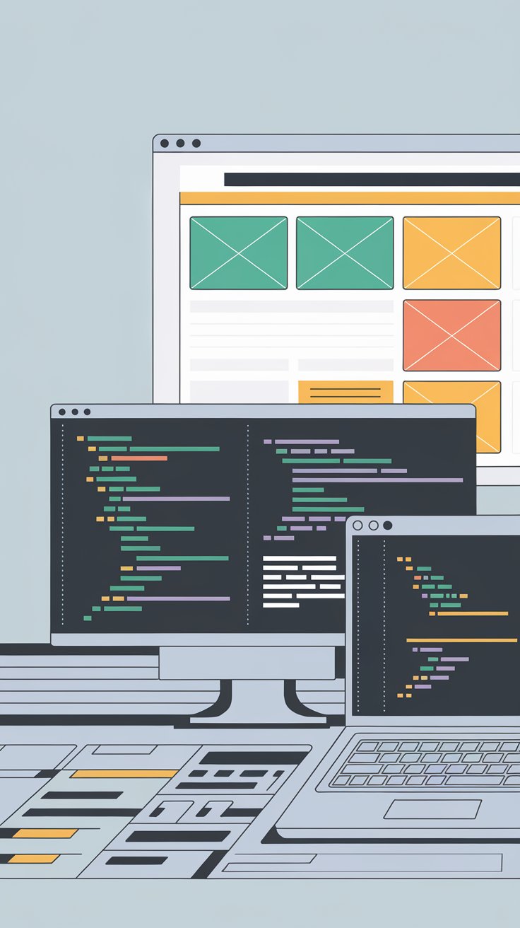 Illustration of multiple computer screens displaying website development code and design layouts.